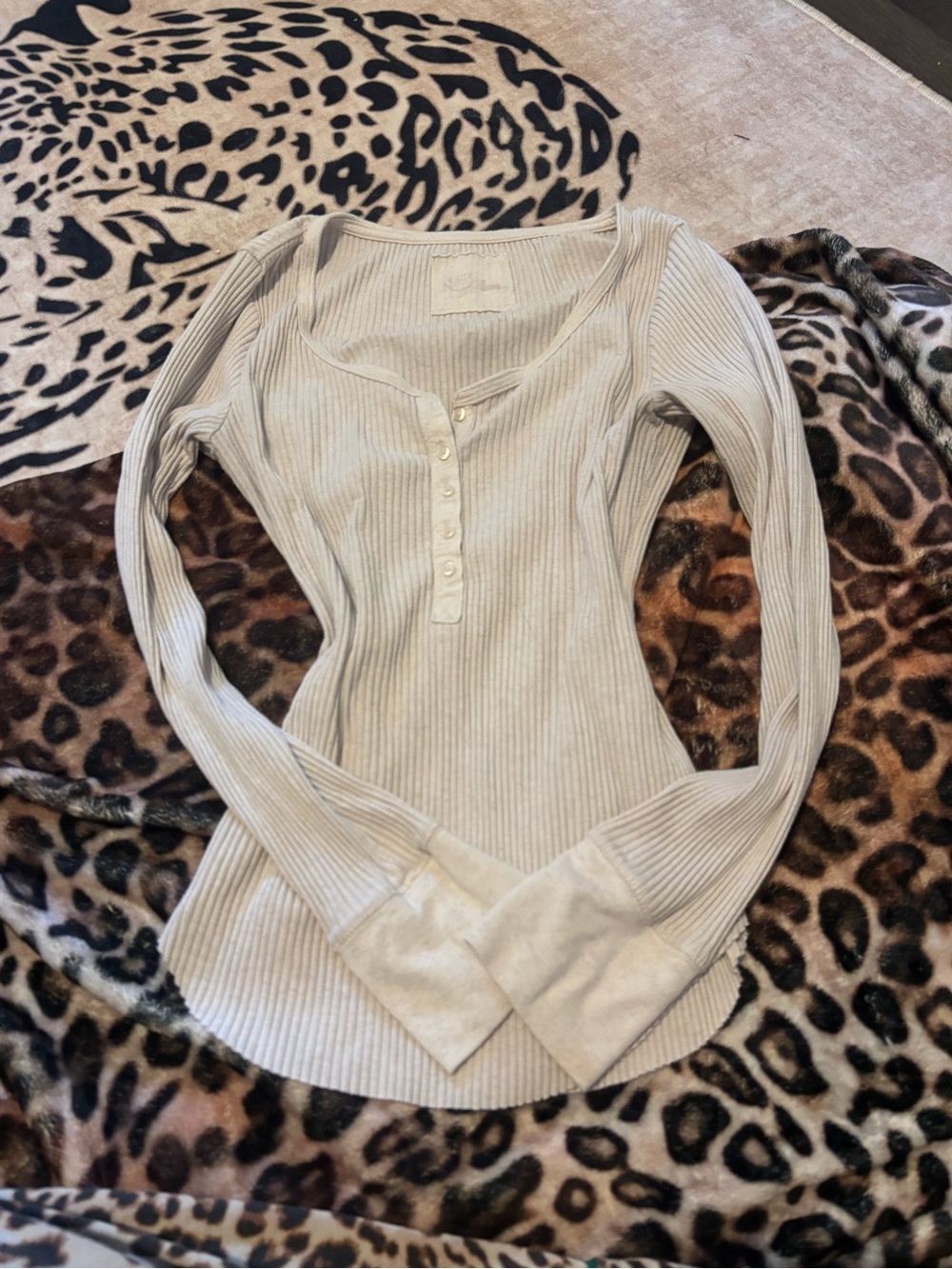 aerie Ribbed Scoop Henley Long Sleeve Top - Cream